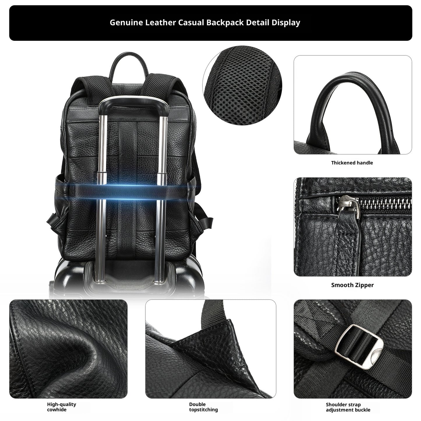 Black leather backpack with detailed features displayed in a collage.