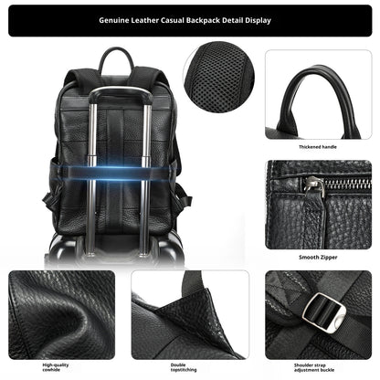 Black leather backpack with detailed features displayed in a collage.