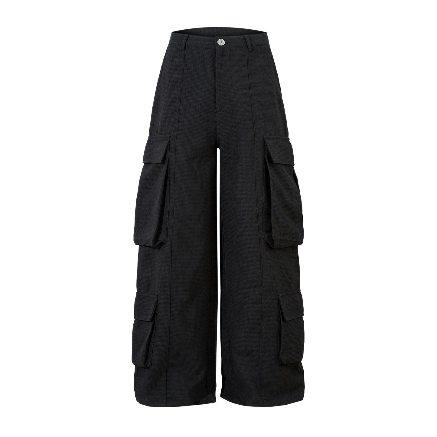 Black wide-leg cargo pants on a white background
