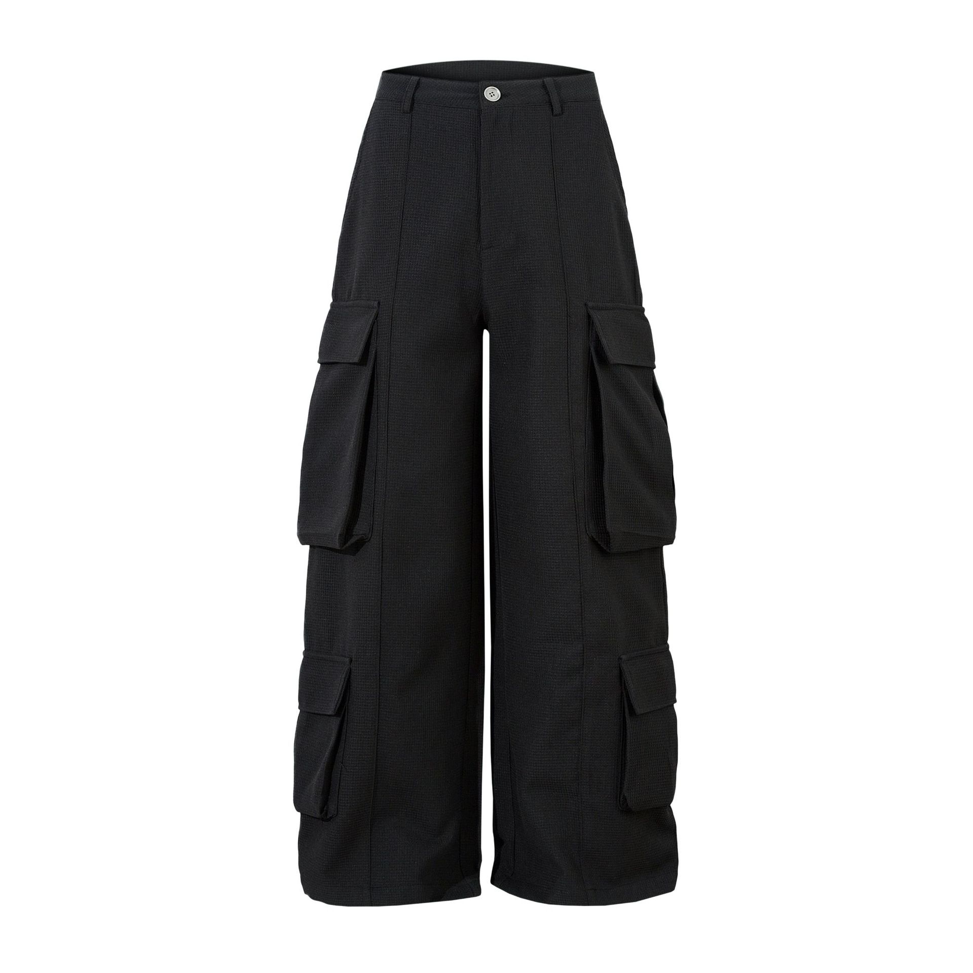 Black wide-leg cargo pants on a white background