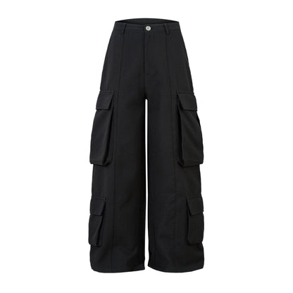 Black wide-leg cargo pants on a white background