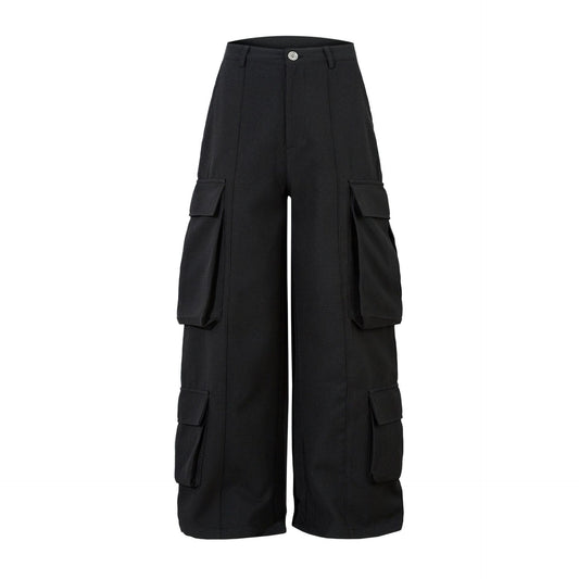 Black wide-leg cargo pants on a white background