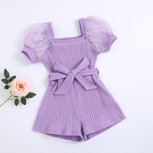 Girl's Puff Sleeve Jumpsuit with Belt