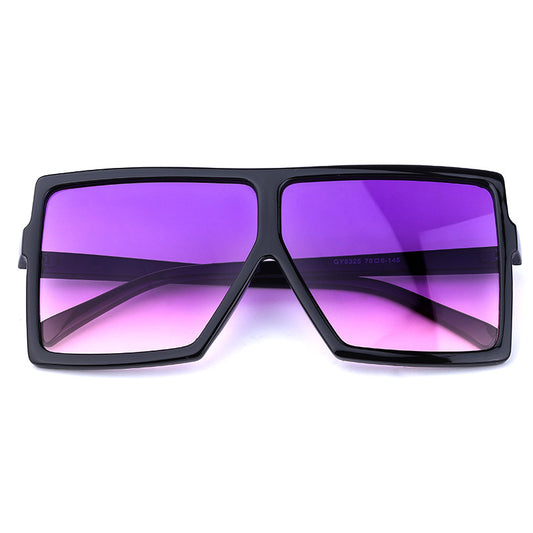 Sunglasses with black frame and purple lenses on a white background