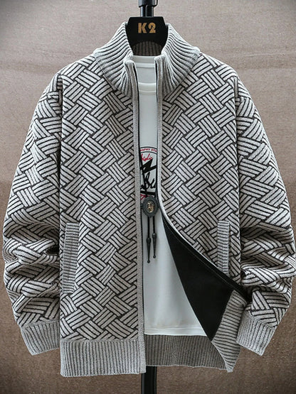 Gray patterned cardigan on a mannequin against a neutral background