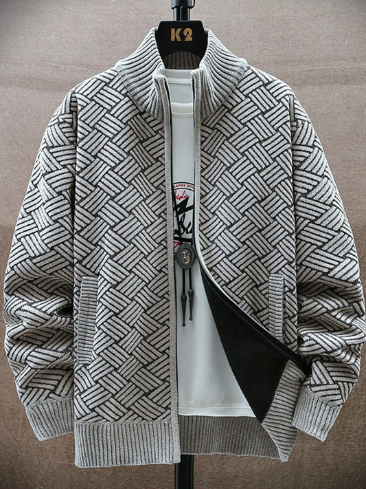 Gray patterned cardigan on a mannequin against a neutral background