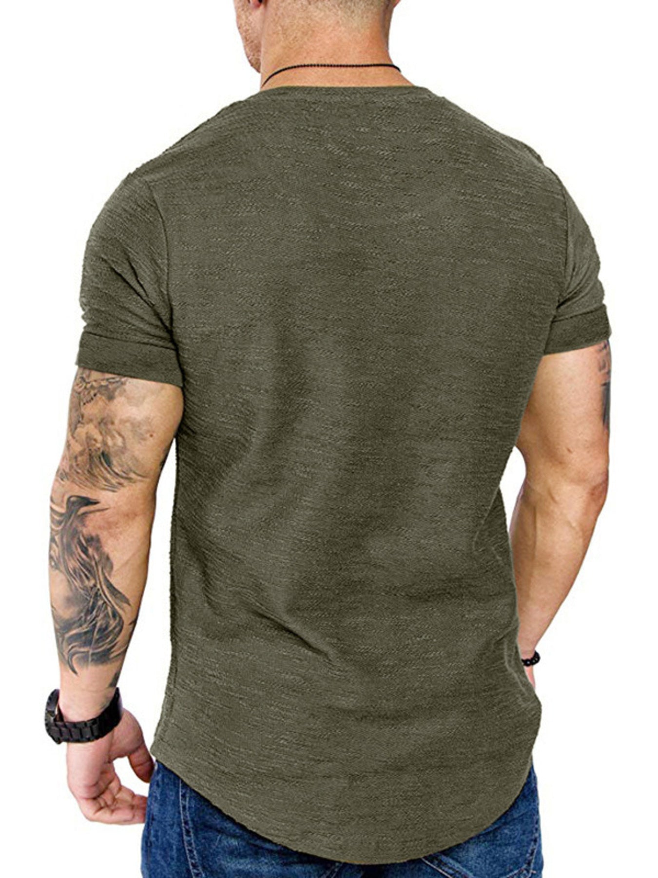 Man wearing an olive green t-shirt on a white background
