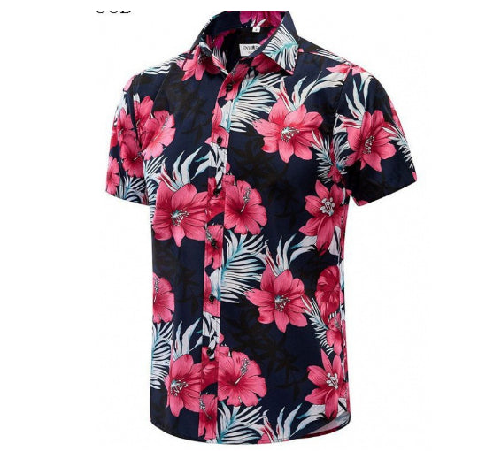 Short-sleeve shirt with pink floral and leaf pattern on a white background