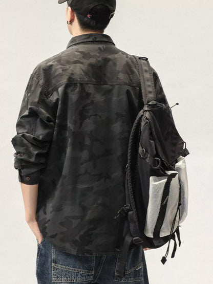 Person wearing a camouflage jacket and carrying a backpack with a white bag inside on a plain background