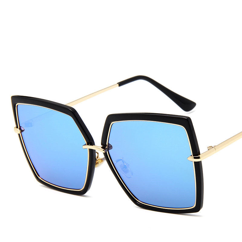 Sunglasses with black frame and blue lenses on a white background