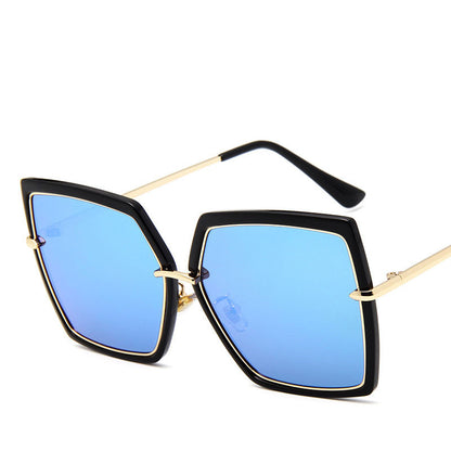 Sunglasses with black frame and blue lenses on a white background