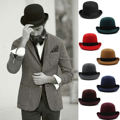 Man wearing a gray suit and black bowler hat with a side view, surrounded by various colored bowler hats.