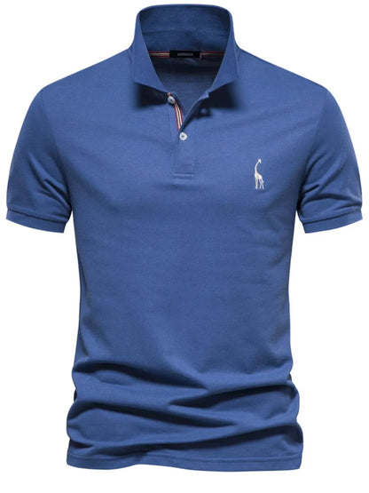 Blue polo shirt with a small logo on a white background