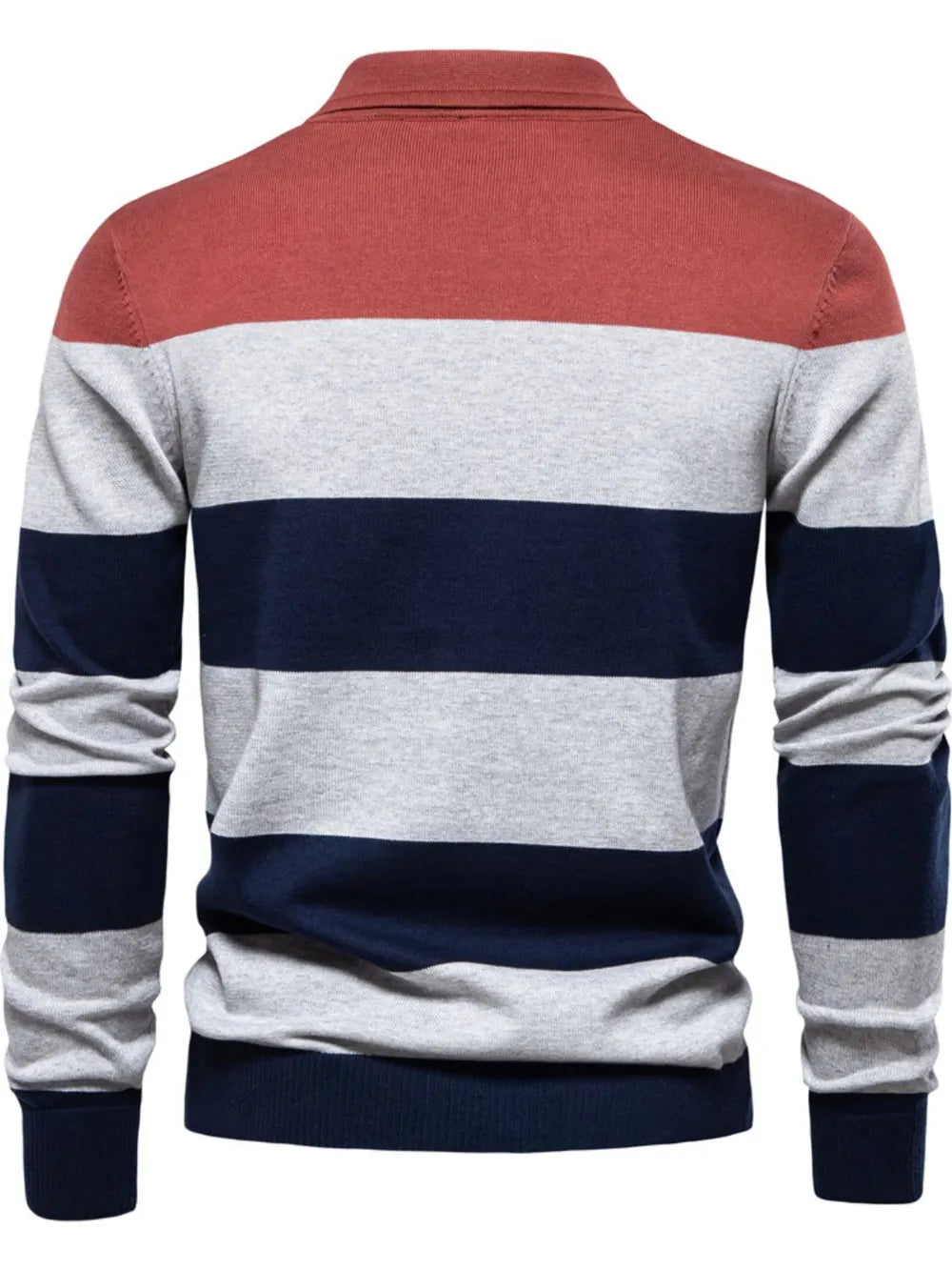 Striped sweater with red, gray, and navy colors on a white background