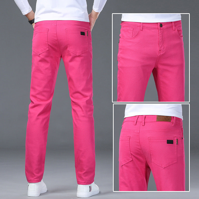Person wearing bright pink pants with close-up insets on a gray background