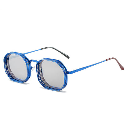 Blue sunglasses with mesh design on a white background