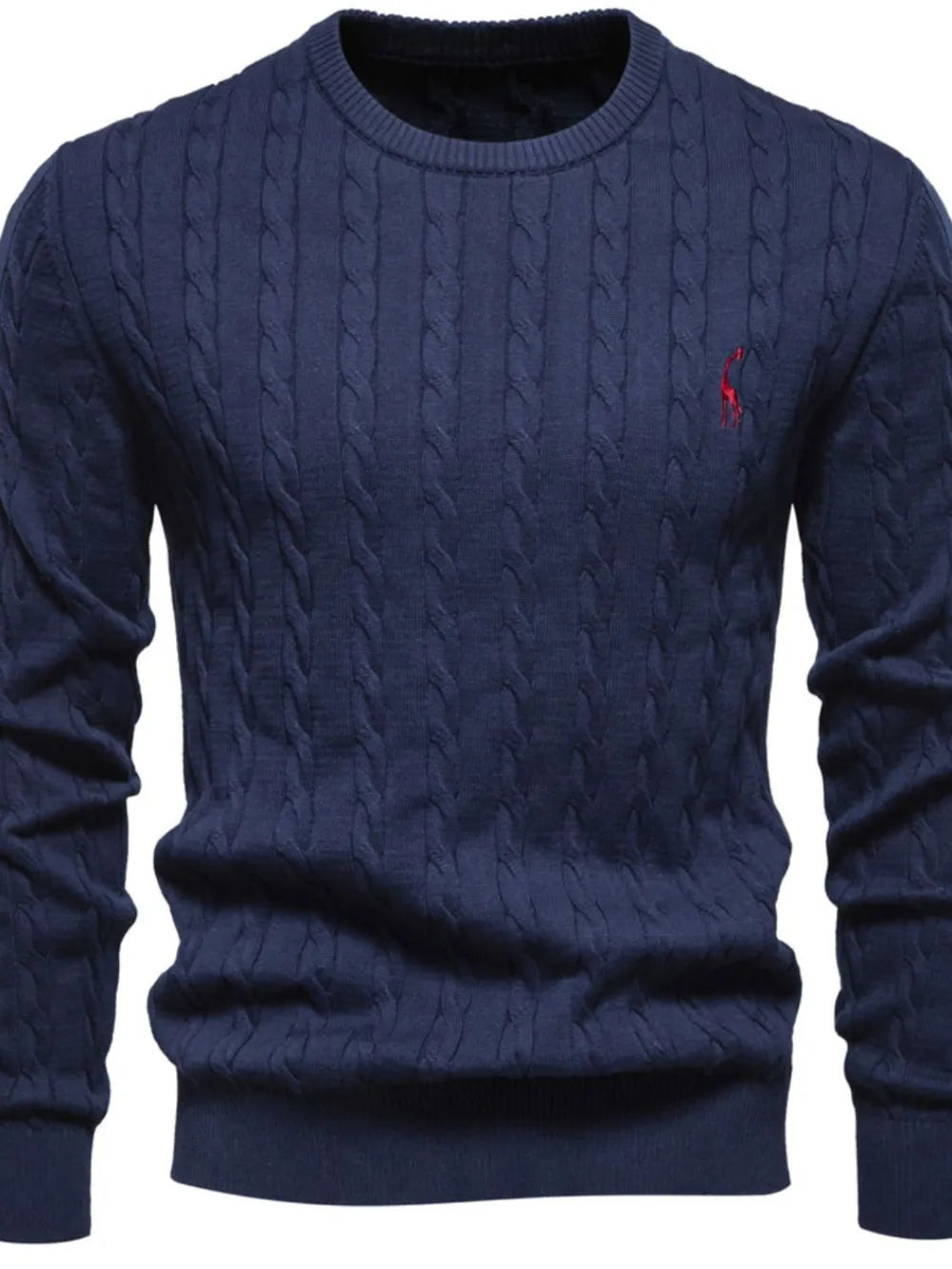 Navy blue cable knit sweater with a red logo on a white background