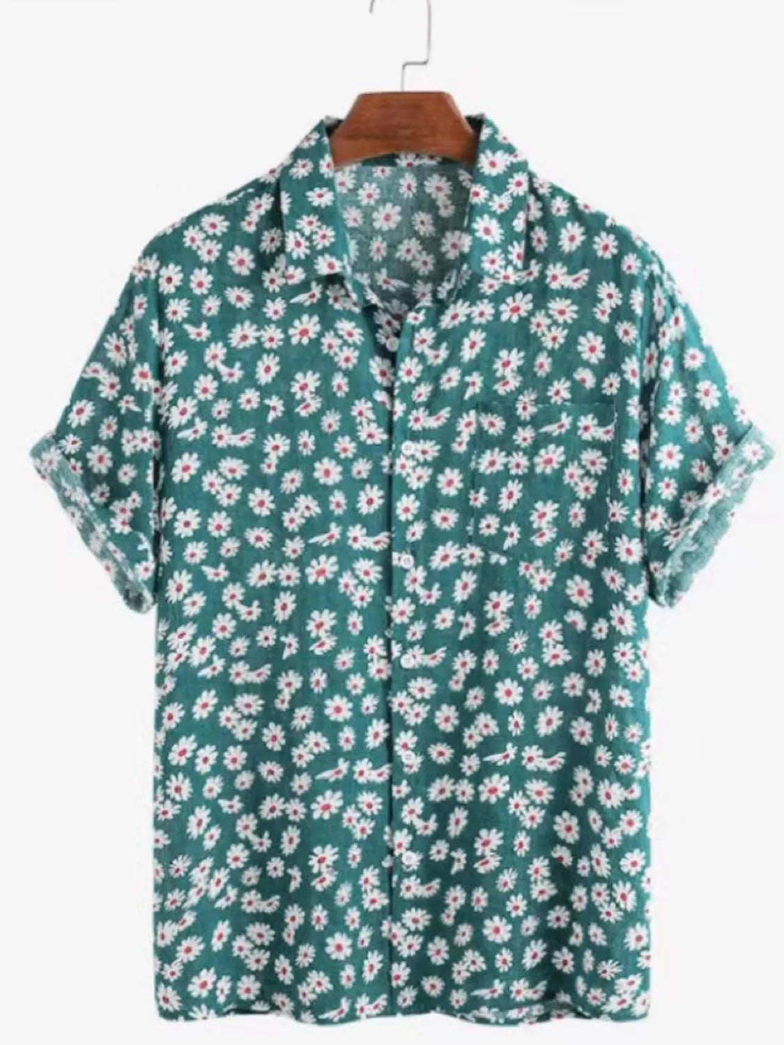 Green floral patterned shirt on a hanger with a white background