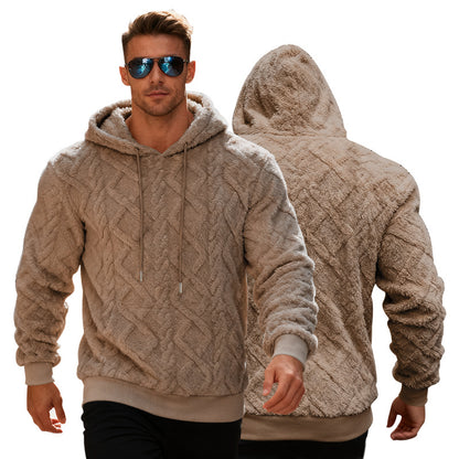 Man wearing a beige cable knit hoodie with front and back views displayed.