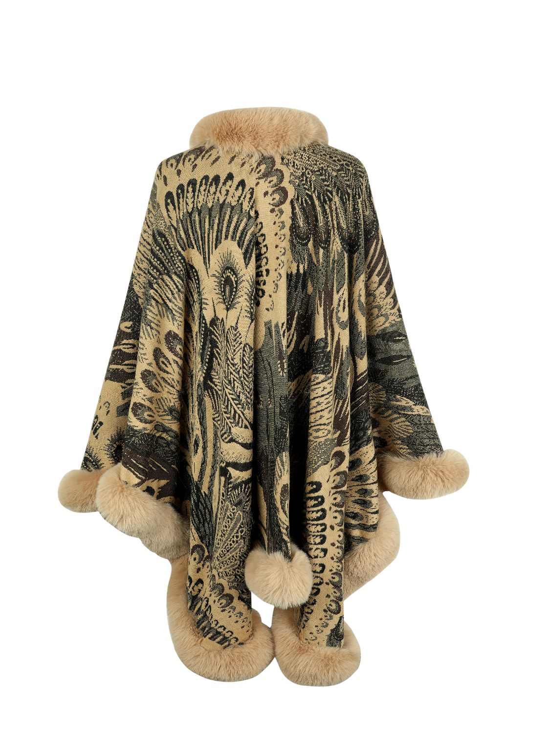 Patterned poncho with fur trim on a white background