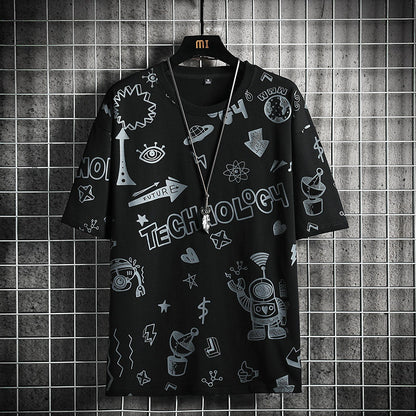 Black t-shirt with white graphics and text on a hanger against a tiled wall.
