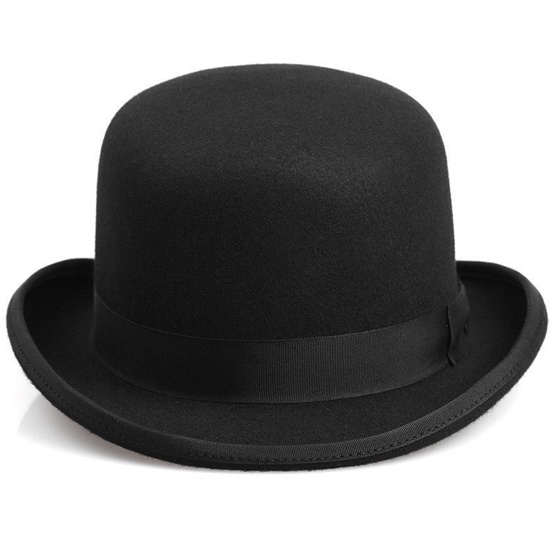 Black fedora hat with a ribbon on a white background