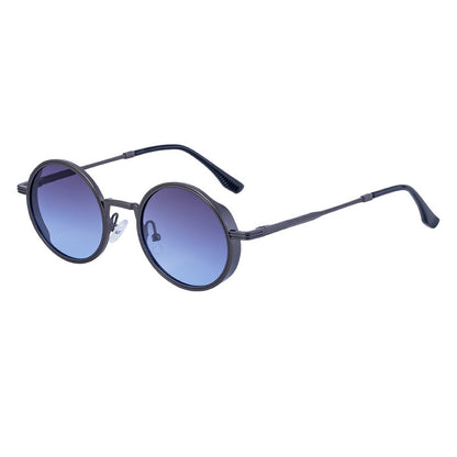 Round sunglasses with blue gradient lenses on a white background