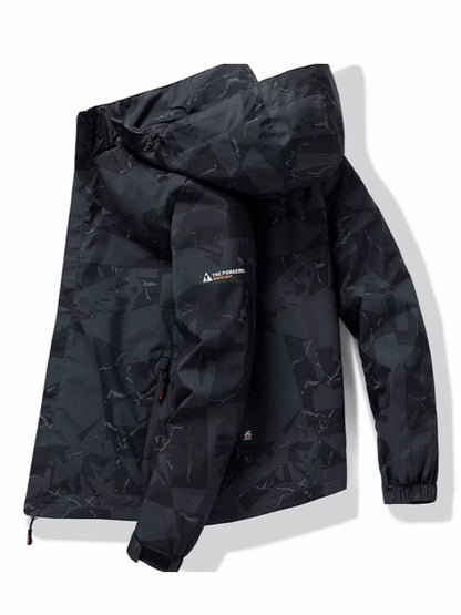 Black camouflage jacket with brand logo on a white background
