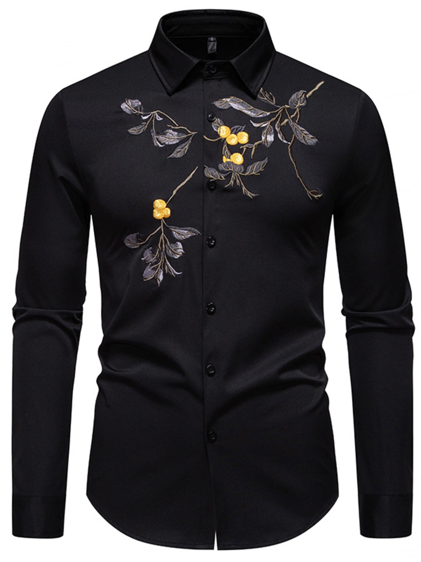 Black shirt with floral embroidery on a white background