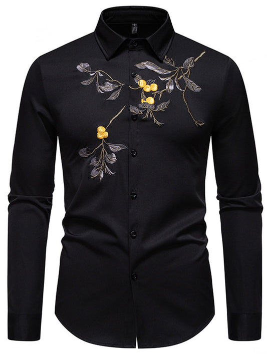Black shirt with floral embroidery on a white background
