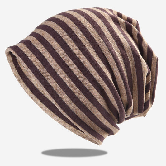 Striped beanie with brown and beige stripes on a white background