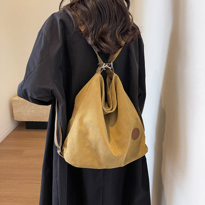 Person wearing a yellow backpack indoors