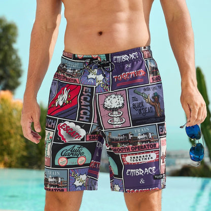 Multicolored patterned shorts worn by a person by a poolside.