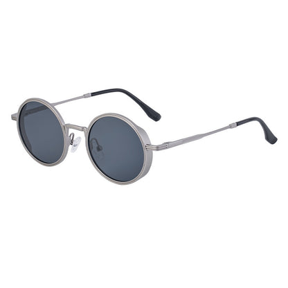 Round sunglasses with silver frame and dark lenses on a white background