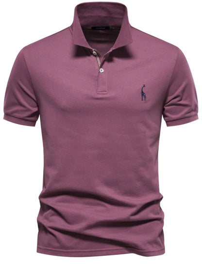 Purple polo shirt with a small logo on a white background
