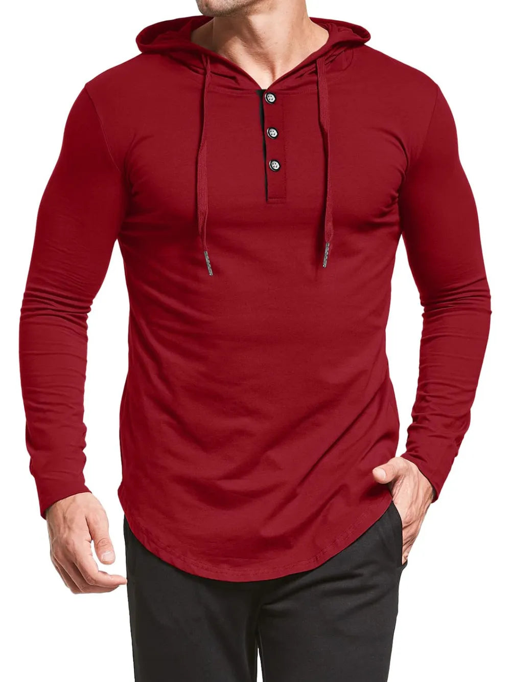 Red long-sleeve henley shirt with a hood on a white background