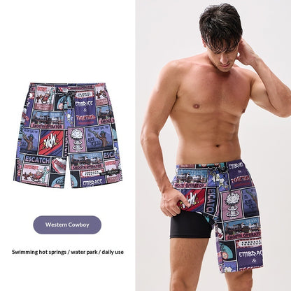 Man wearing colorful patterned swim shorts with text on a white background