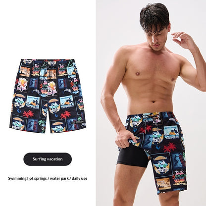 Man wearing colorful patterned swim shorts with text indicating use cases.