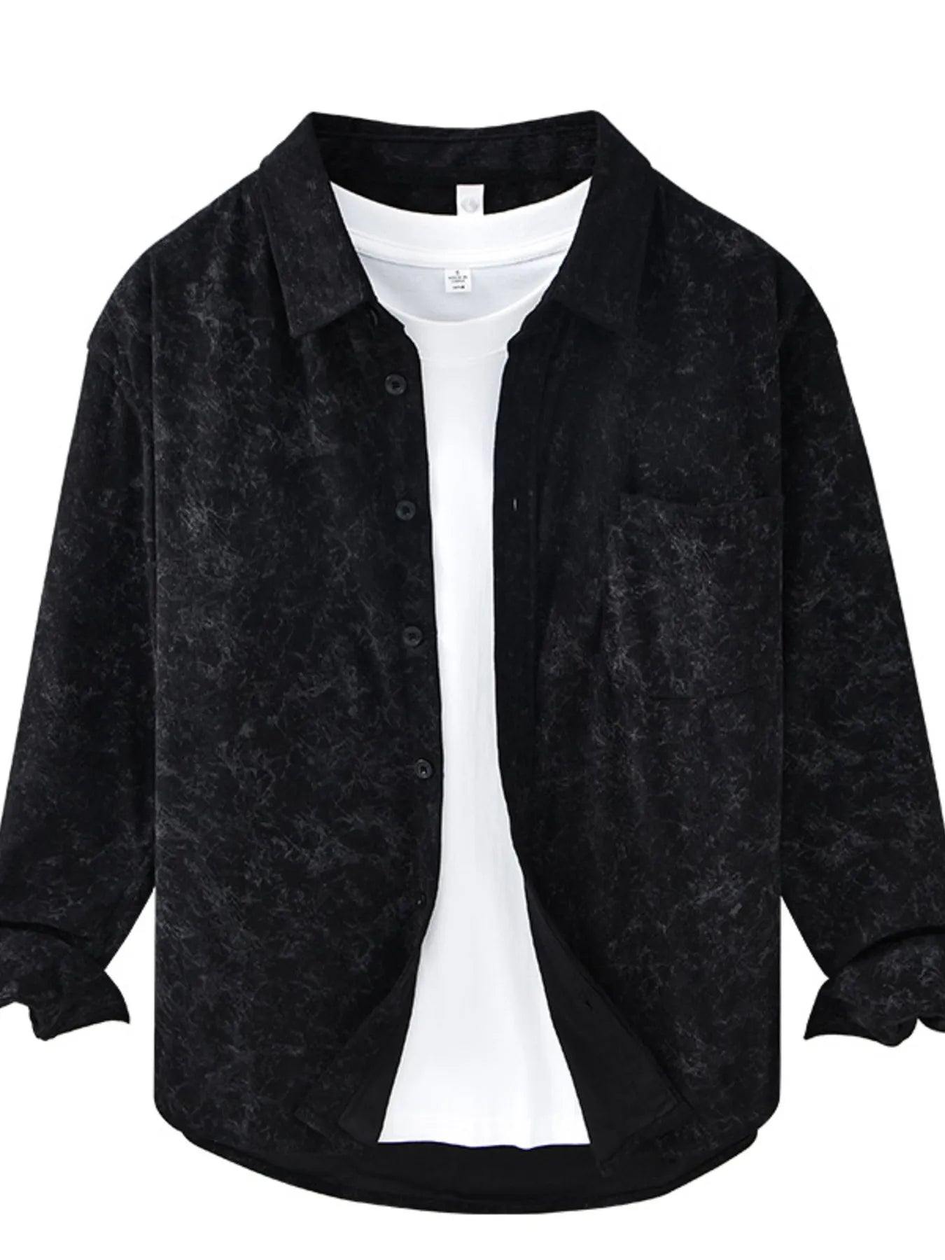 Black textured shirt over a white shirt on a white background