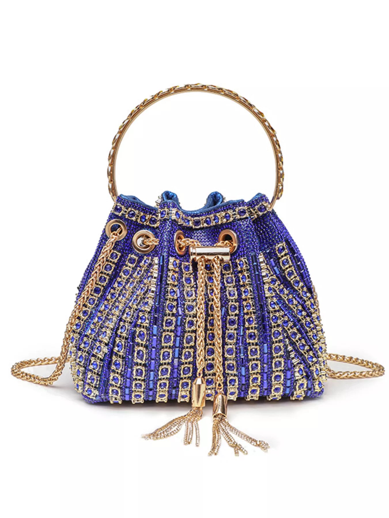 Blue beaded handbag with gold accents on a white background