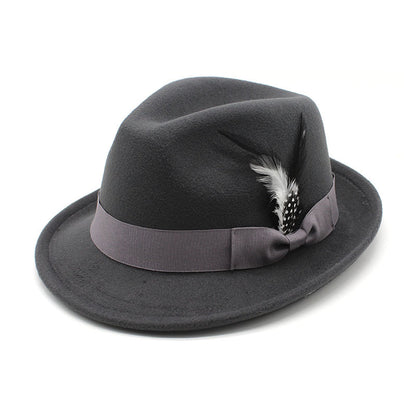 Gray fedora hat with a feather on a white background