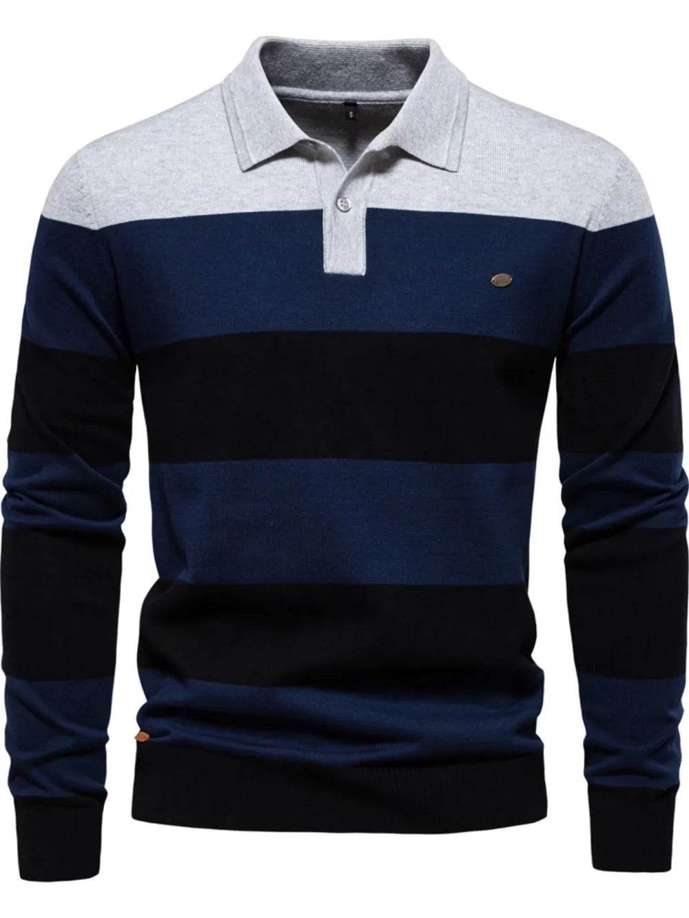 Long-sleeve polo shirt with blue and black stripes on a white background