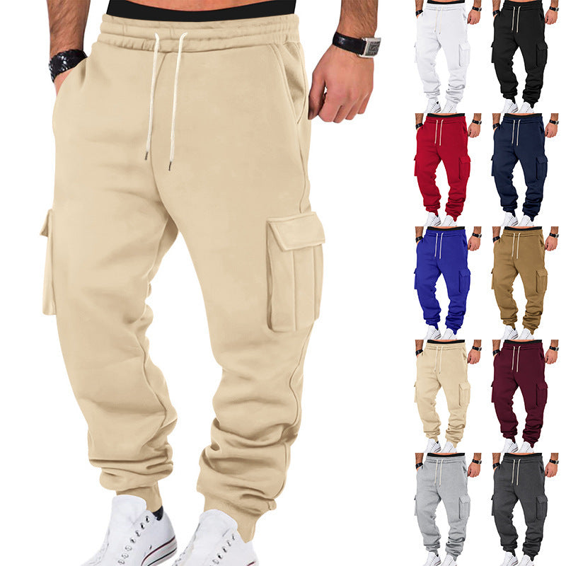 Beige cargo jogger pants with multiple color options displayed below on a white background.