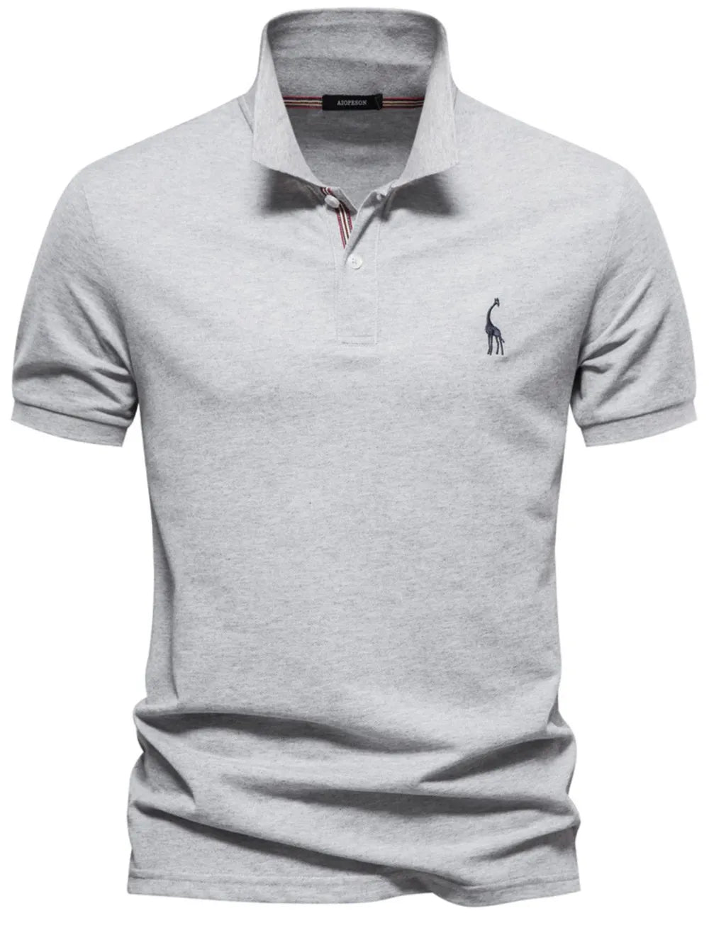 Gray polo shirt with a small logo on a white background