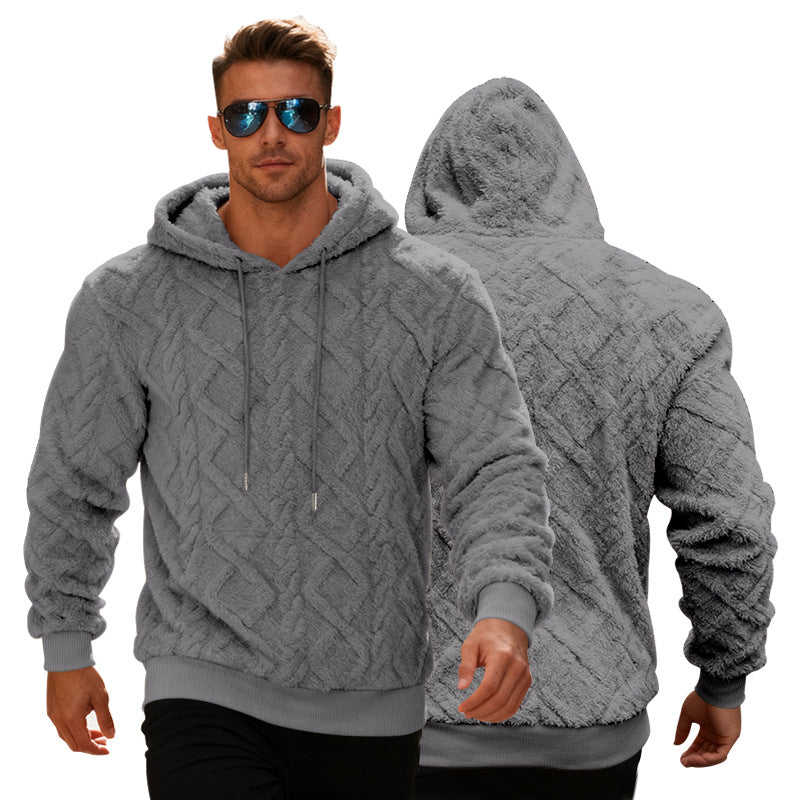 Man wearing a gray cable knit hoodie with front and back views on a white background