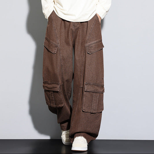 Brown cargo pants worn by a person on a plain background
