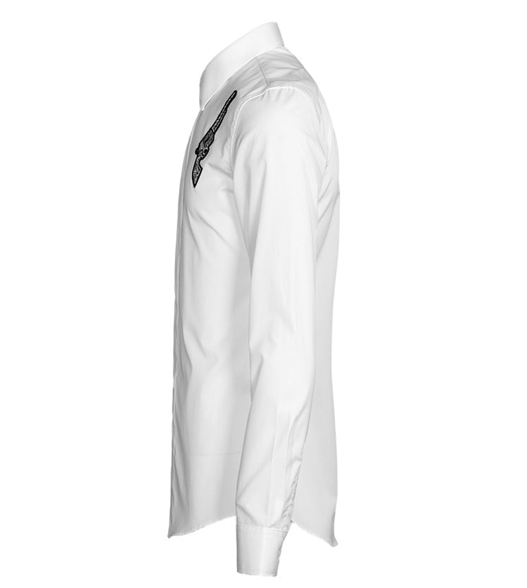 White shirt with a black zipper detail on a white background