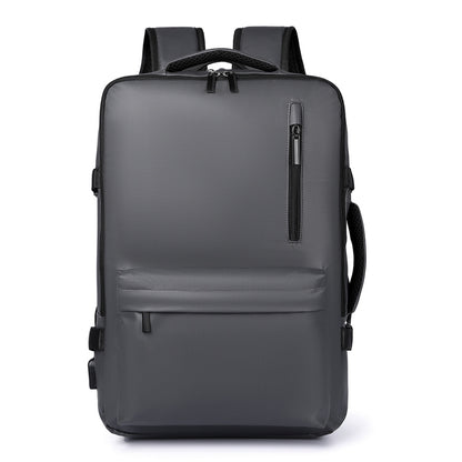 Gray backpack with multiple pockets on a white background