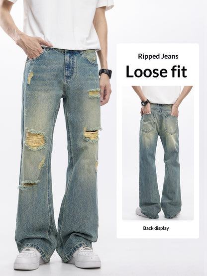 Ripped jeans with loose fit displayed from front and back on a white background.