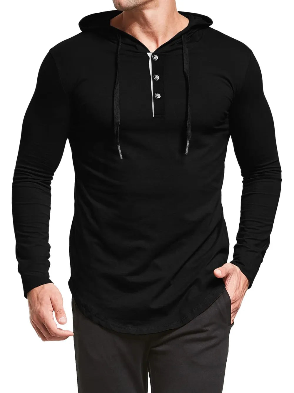 Black long-sleeve henley shirt with hood on a white background
